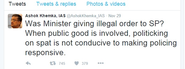 Ashok Khemka IAS, Tweet